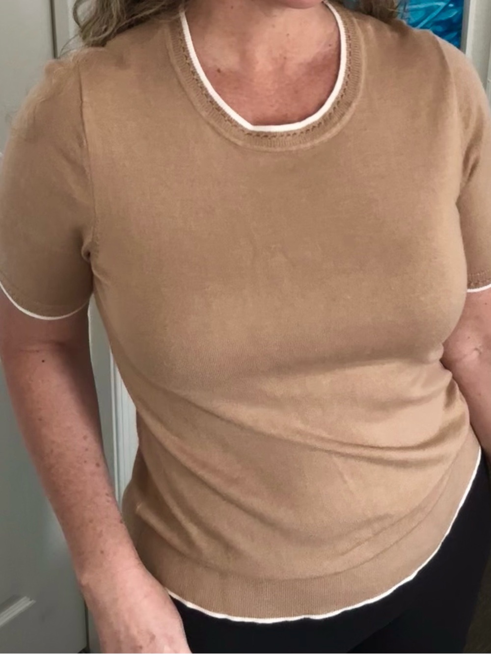 Ann Taylor Factory Camel Short Sleeve Top with White Trim
